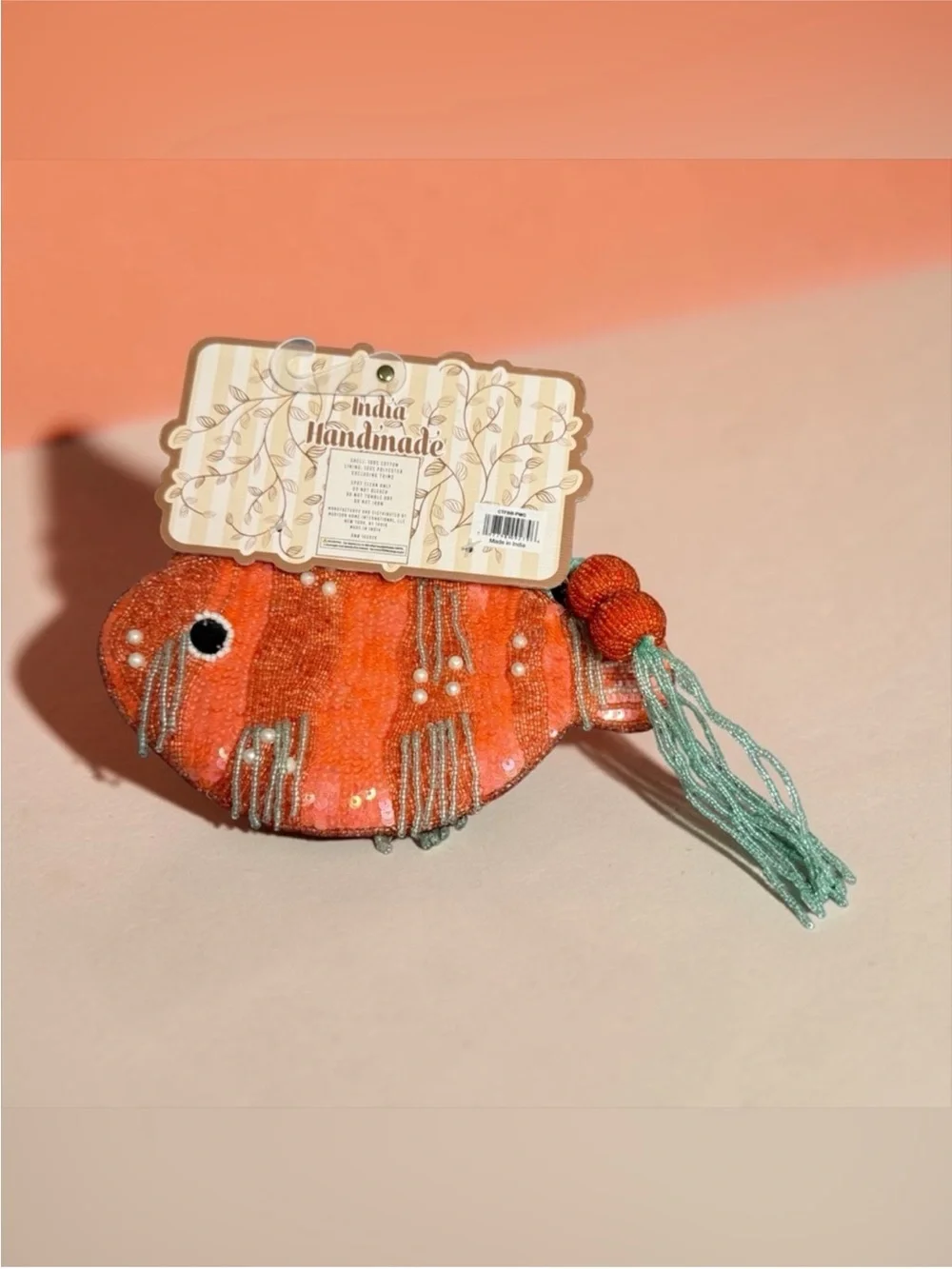Handmade Coral Beaded Fish Wristlet with Tassel/NIP